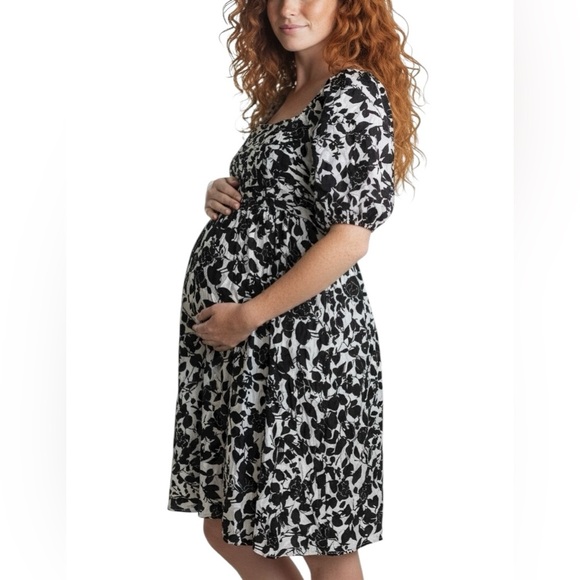 Sweet Wanderer Floral Print Puff Sleeved Maternity Dress with Back Smocking L - Picture 1 of 7